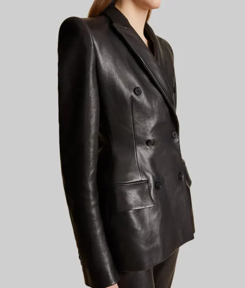 Lori Harvey Black Leather Blazer - Lori Harvey Double Breasted Black Leather Blazer - Side View