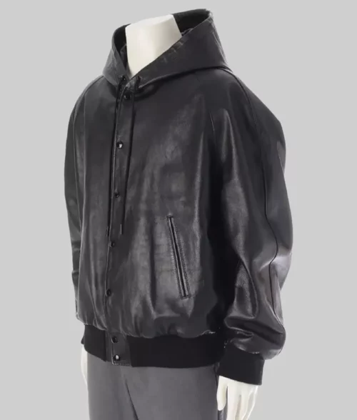 Rakim Mayers Black Leather Hooded Bomber Jacket - Rakim Mayers Black Leather Hooded Bomber Jacket - Side View