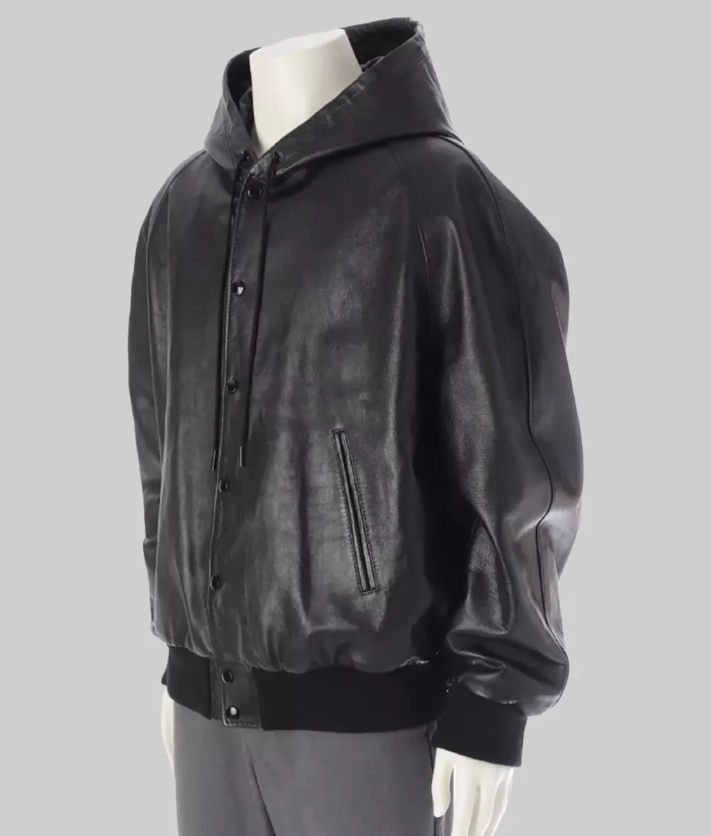 Rakim Mayers Black Leather Hooded Bomber Jacket - Rakim Mayers Black Leather Hooded Bomber Jacket - Side View