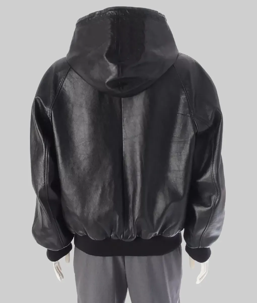 Rakim Mayers Black Leather Hooded Bomber Jacket - Rakim Mayers Black Leather Hooded Bomber Jacket - Back View