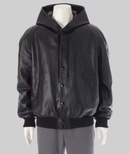 Rakim Mayers Black Leather Hooded Bomber Jacket - Rakim Mayers Black Leather Hooded Bomber Jacket - Front View
