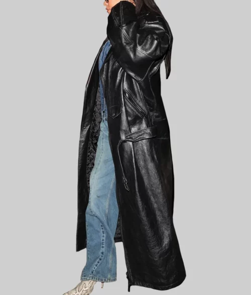 Rihanna Oversized Black Leather Trench Coat - Rihanna Oversized Black Leather Biker Style Trench Coat - Side View