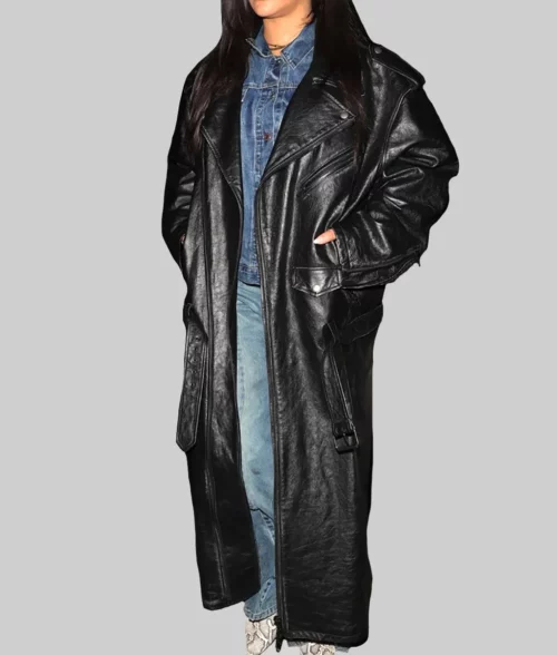 Rihanna Oversized Black Leather Trench Coat - Rihanna Oversized Black Leather Biker Style Trench Coat - Left View