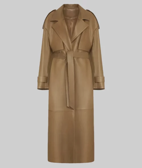 Romee Strijd Brown Leather Coat - Romee Strijd Brown Leather Coat - Front View