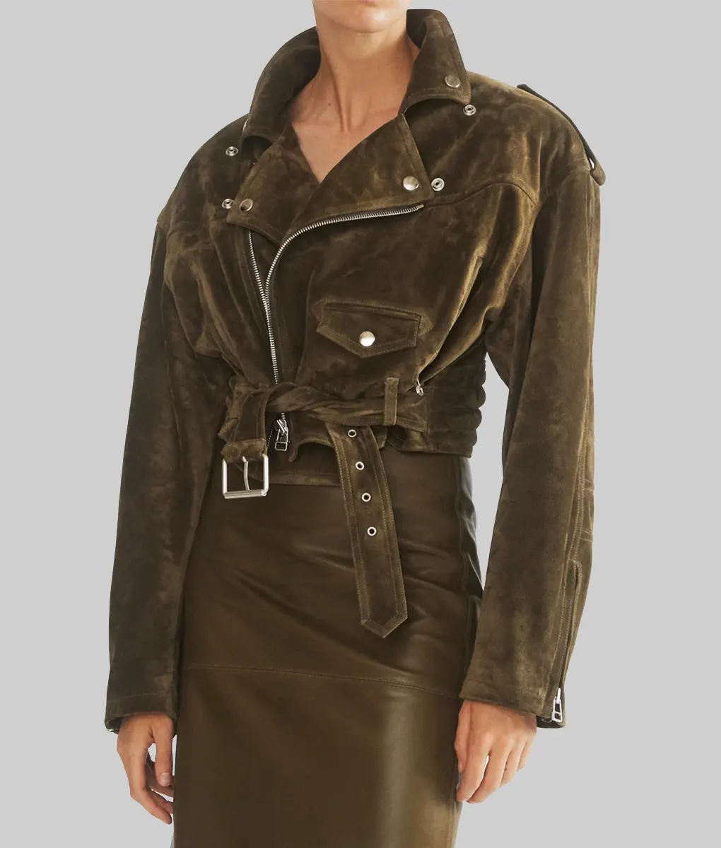 Barbara Palvin Suede Biker Jacket - Barbara Palvin Suede Biker Jacket - Side View