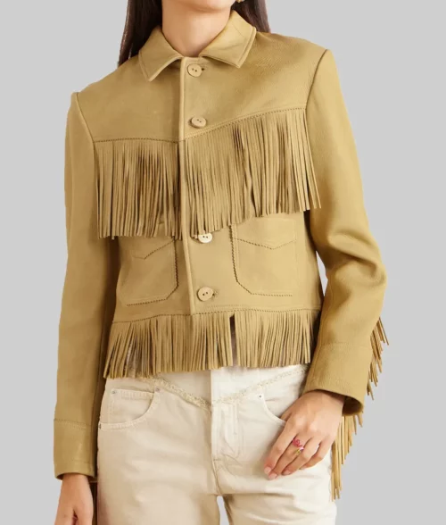 Charlotte Lawrence Beige Fringe Jacket - Charlotte Lawrence Beige Fringe Jacket - Front View