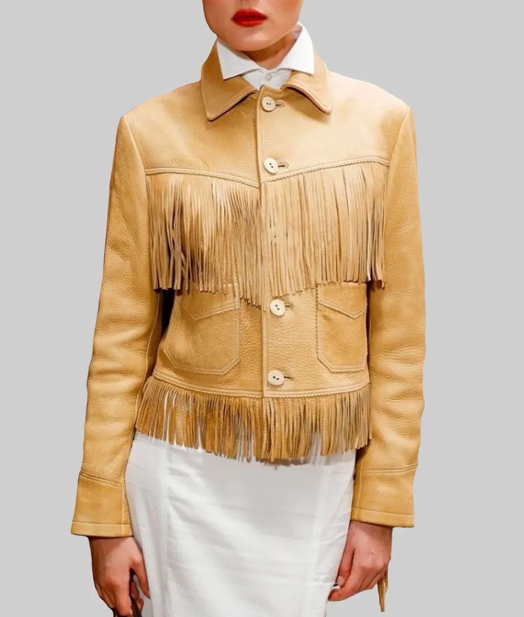Charlotte Lawrence Beige Fringe Jacket - Charlotte Lawrence Beige Fringe Jacket - Celeb View