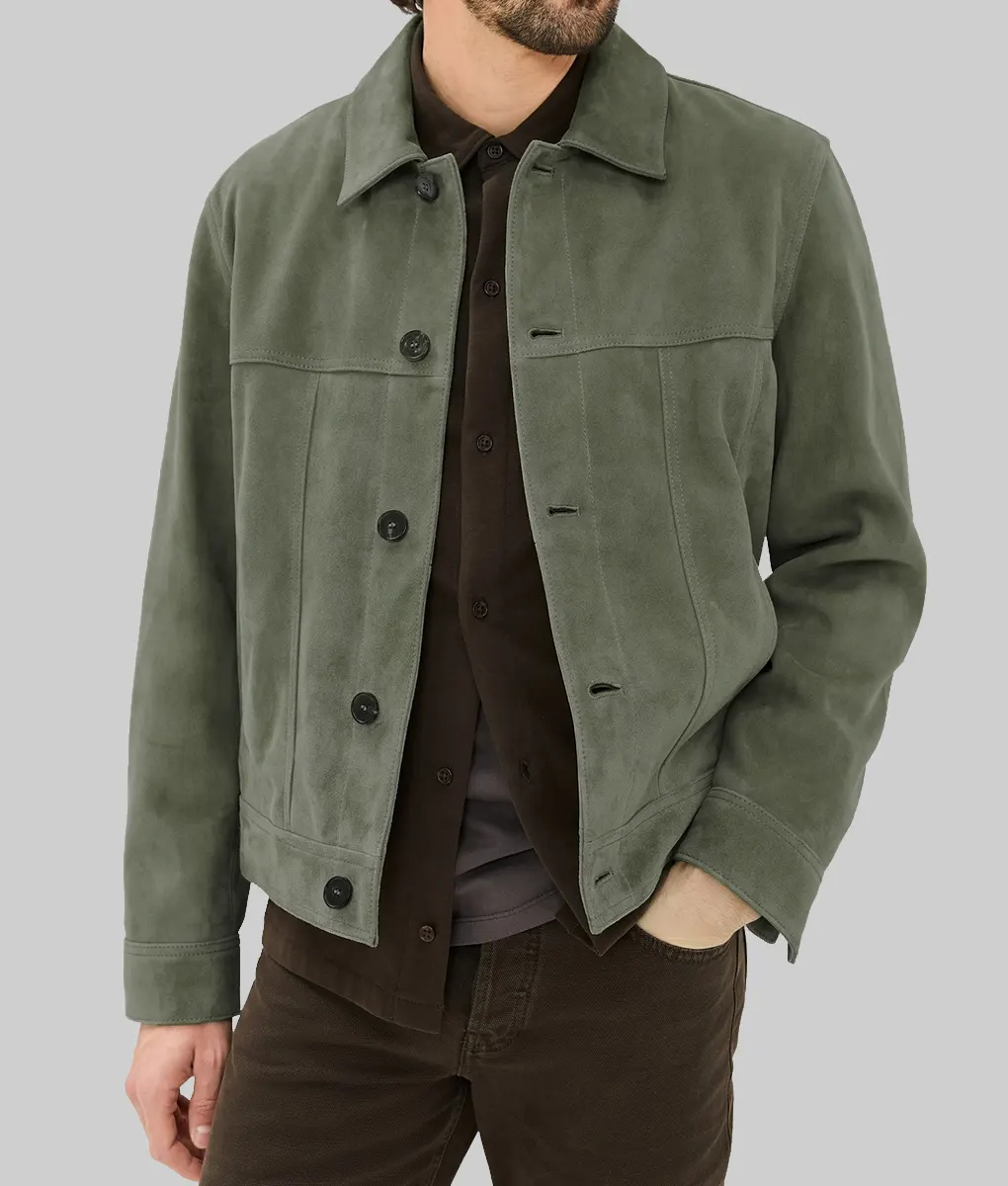 Kit Harington Green Suede Jacket - Kit Harington Green Suede Jacket - Front Open View