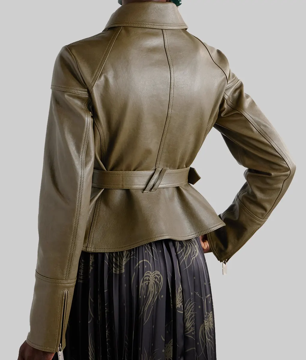 Natalia Dyer Belted Leather Jacket - Natalia Dyer Belted Leather Jacket - Back View