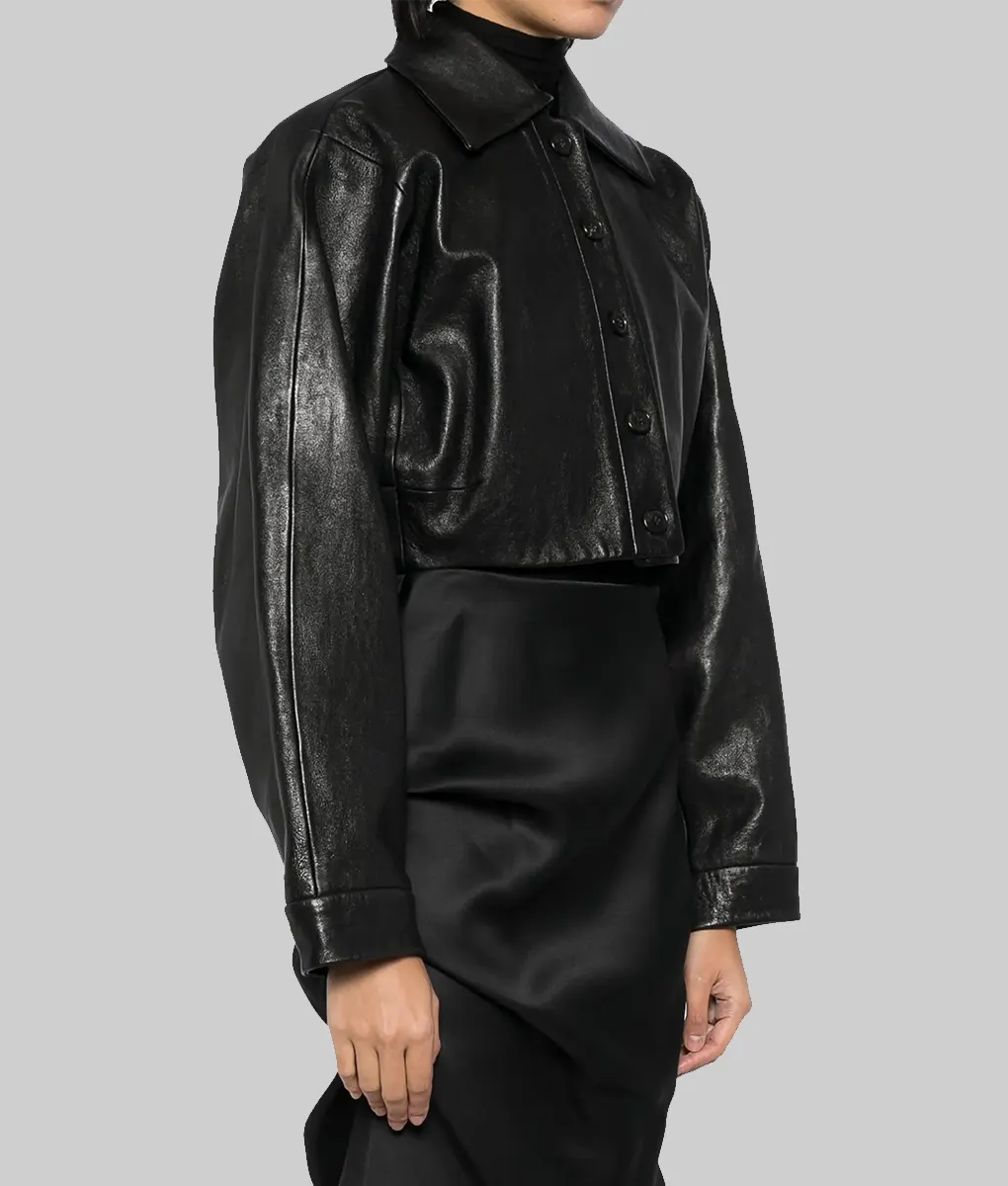 Nina Dobrev Black Leather Jacket - Nina Dobrev Black Leather Jacket - Side View