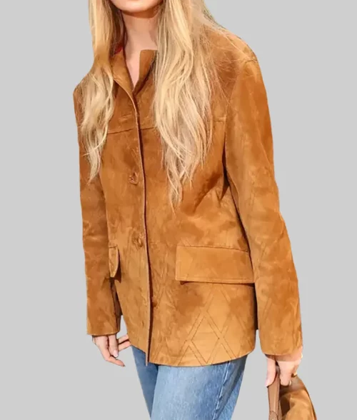 Romee Strijd Quilted Brown Suede Jacket - Milan Fashion Week Romee Strijd Quilted Brown Suede Jacket - Side View