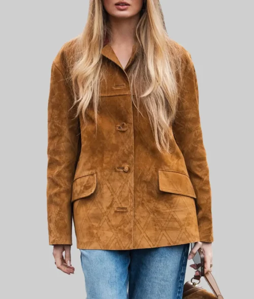 Romee Strijd Quilted Brown Suede Jacket - Milan Fashion Week Romee Strijd Quilted Brown Suede Jacket - Front View