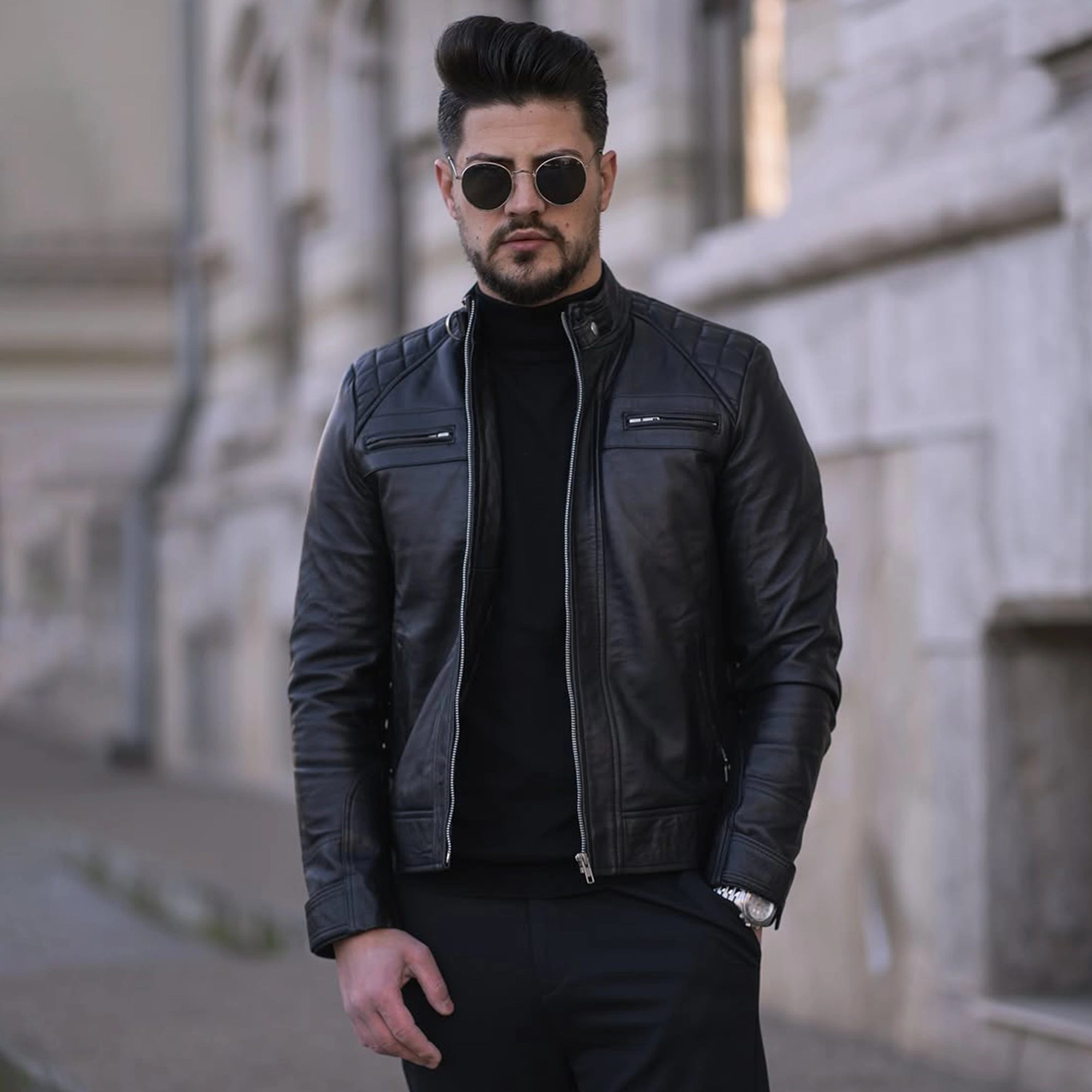 Quilted Leather Black Cafe Racer Leather Jacket Cafe Racer Jacket