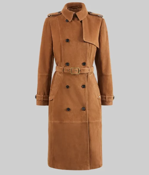 Tate McRae Brown Suede Trench Coat - Tate McRae Brown Suede Trench Coat - Front View