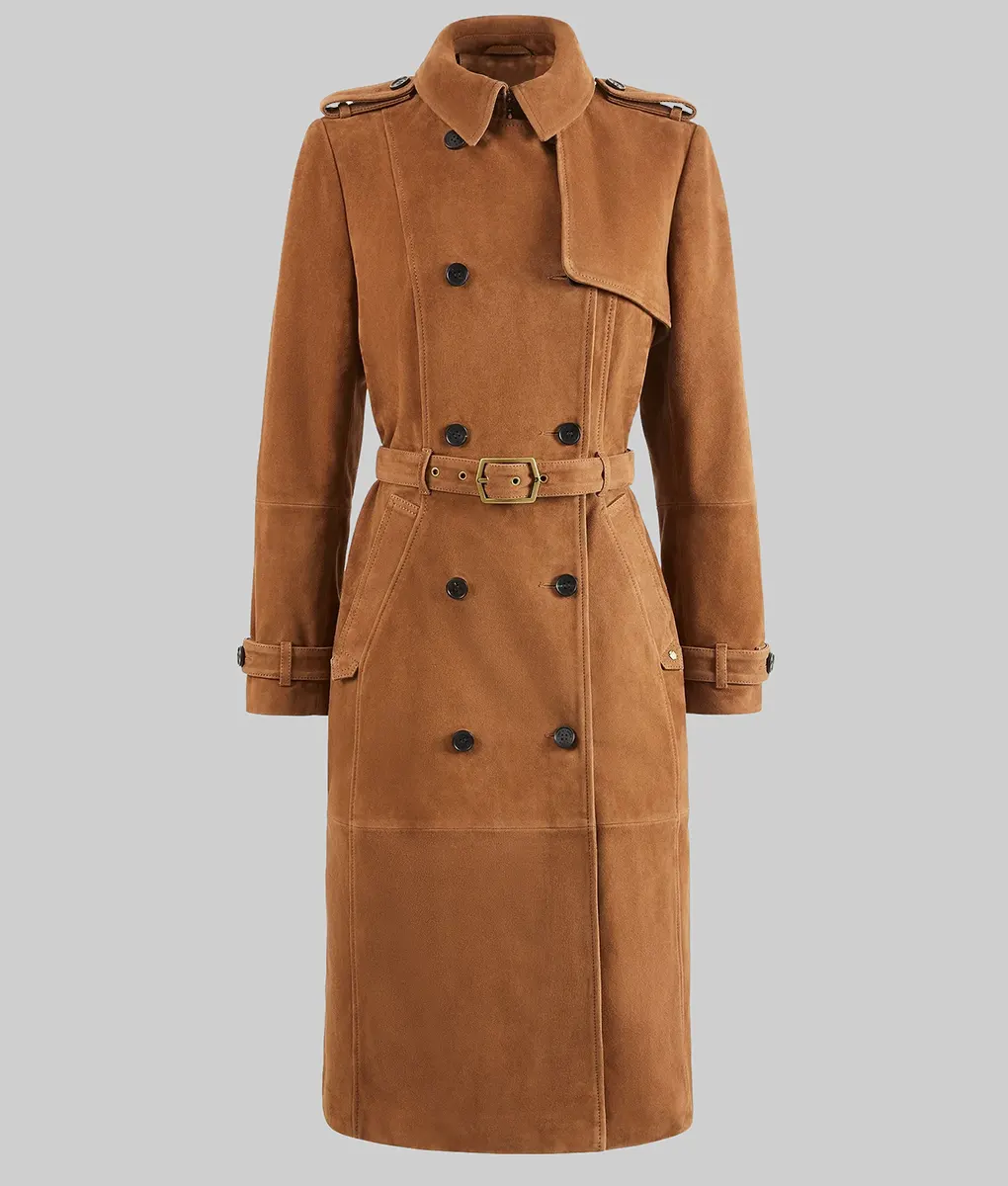 Tate McRae Brown Suede Trench Coat - Tate McRae Brown Suede Trench Coat - Front View