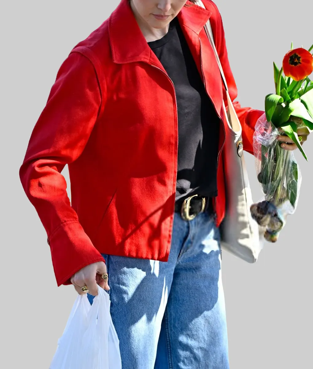 Zoey Deutch Red Cotton Jacket - Zoey Deutch Red Cotton Jacket - Front Side View