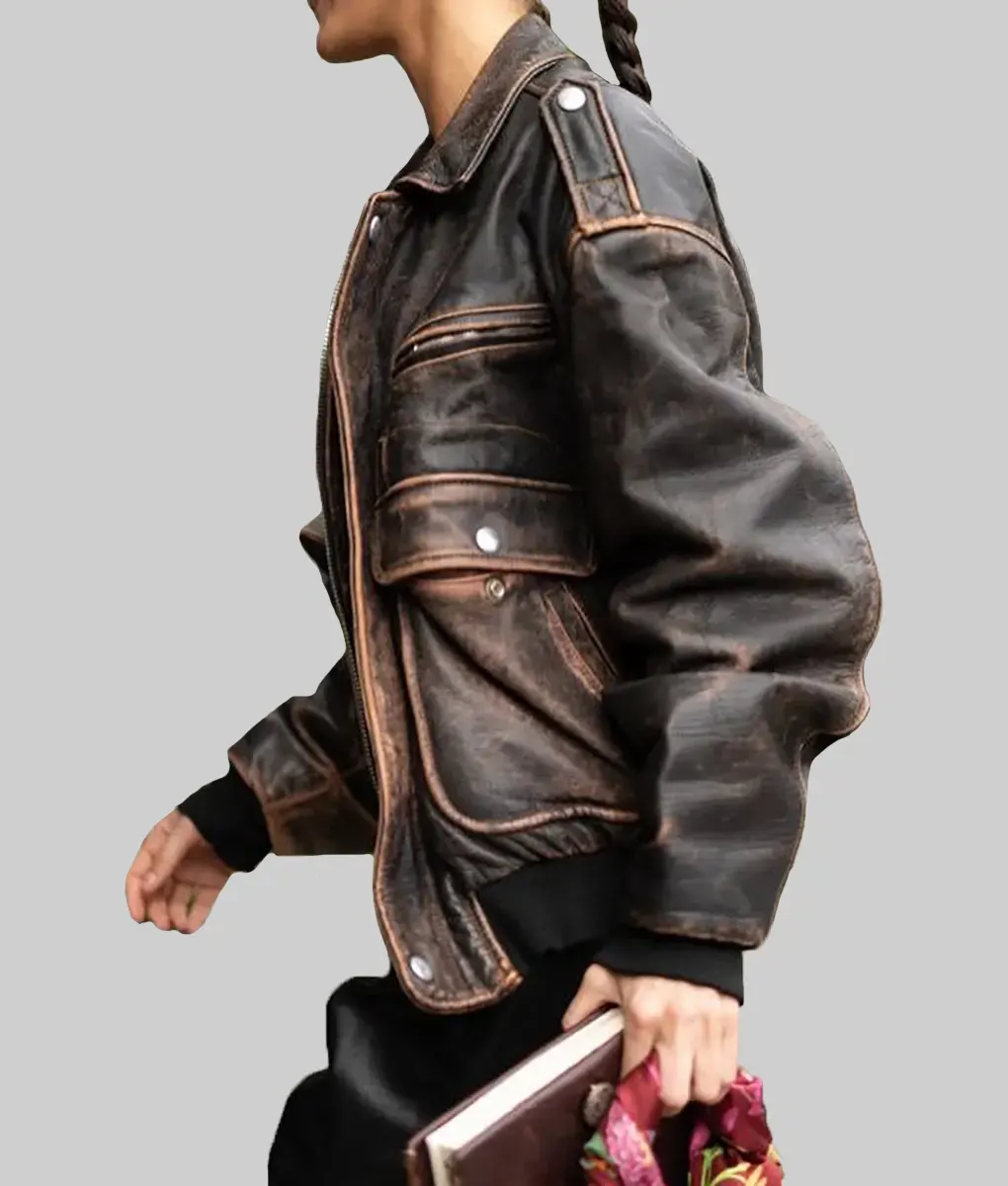 Bella Hadid Distressed Brown Leather Jacket - Bella Hadid Distressed Brown Leather Jacket - Side1