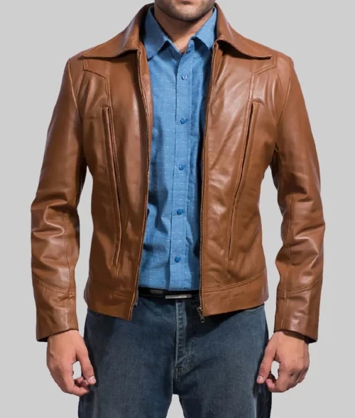 Jace Men's Brown Leather Jacket - Clearance Item - Front