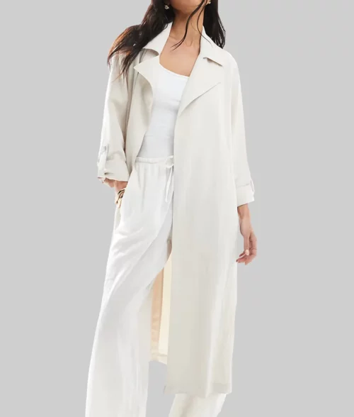 Jennifer Lopez White Belted Trench Coat - Jennifer Lopez White Belted Trench Coat - Front View