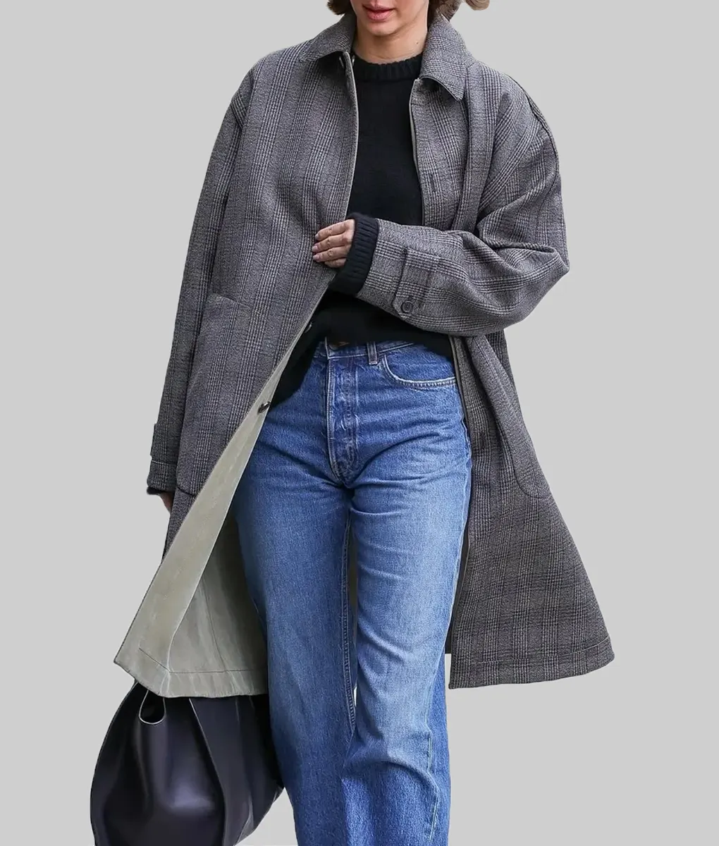 Kendall Jenner Grey Checkered Wool Coat - L'Oreal Shoot in Paris Kendall Jenner Grey Checkered Wool Coat - Front View 3