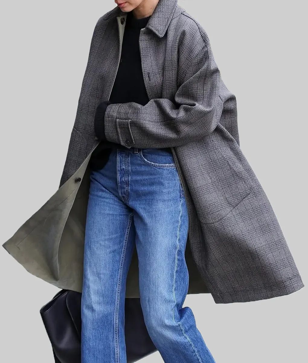 Kendall Jenner Grey Checkered Wool Coat - L'Oreal Shoot in Paris Kendall Jenner Grey Checkered Wool Coat - Front View 2