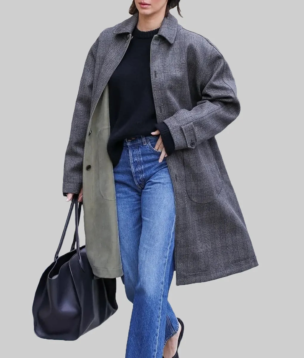 Kendall Jenner Grey Checkered Wool Coat - L'Oreal Shoot in Paris Kendall Jenner Grey Checkered Wool Coat - Front View 1