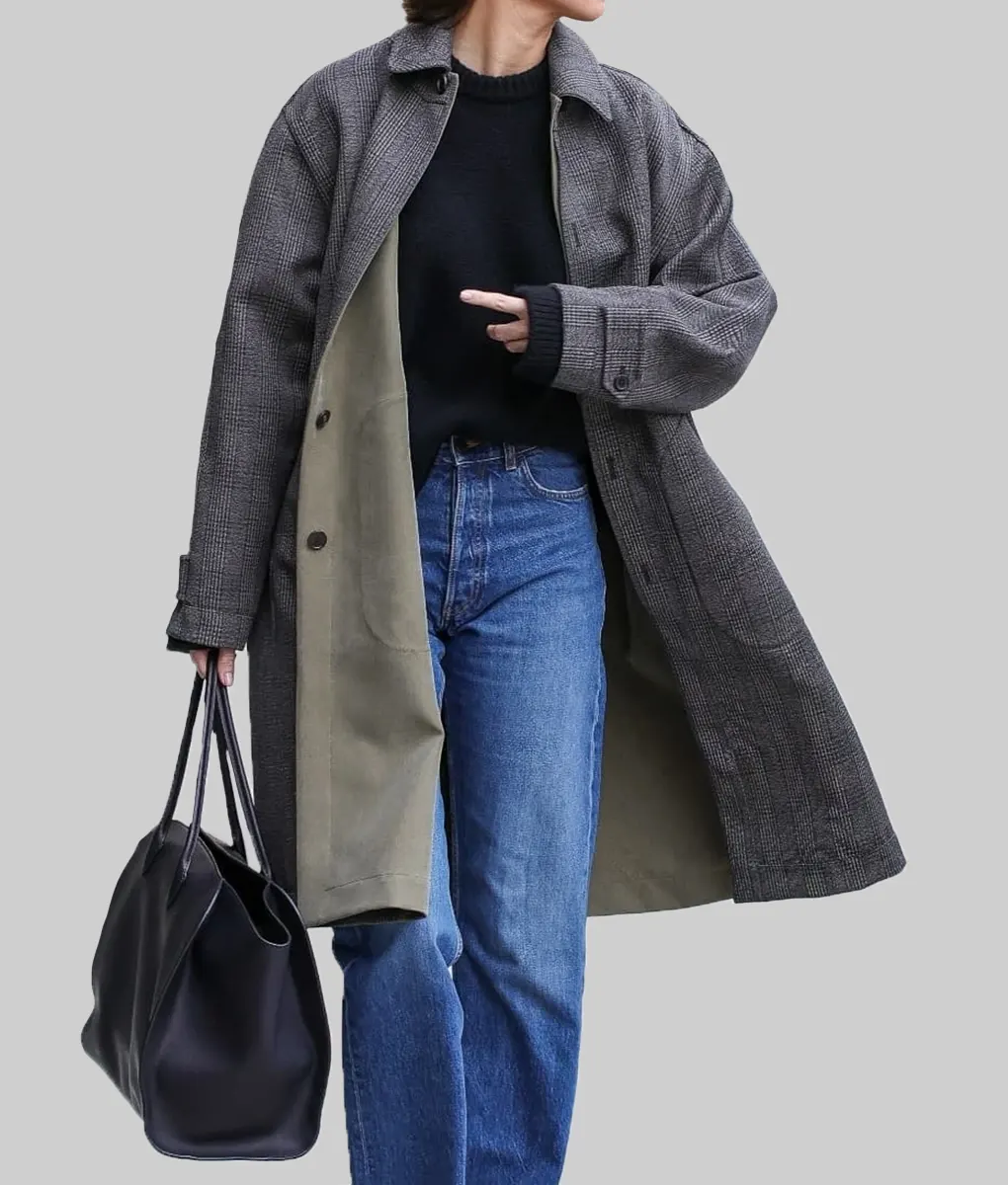 Kendall Jenner Grey Checkered Wool Coat - L'Oreal Shoot in Paris Kendall Jenner Grey Checkered Wool Coat - Front View