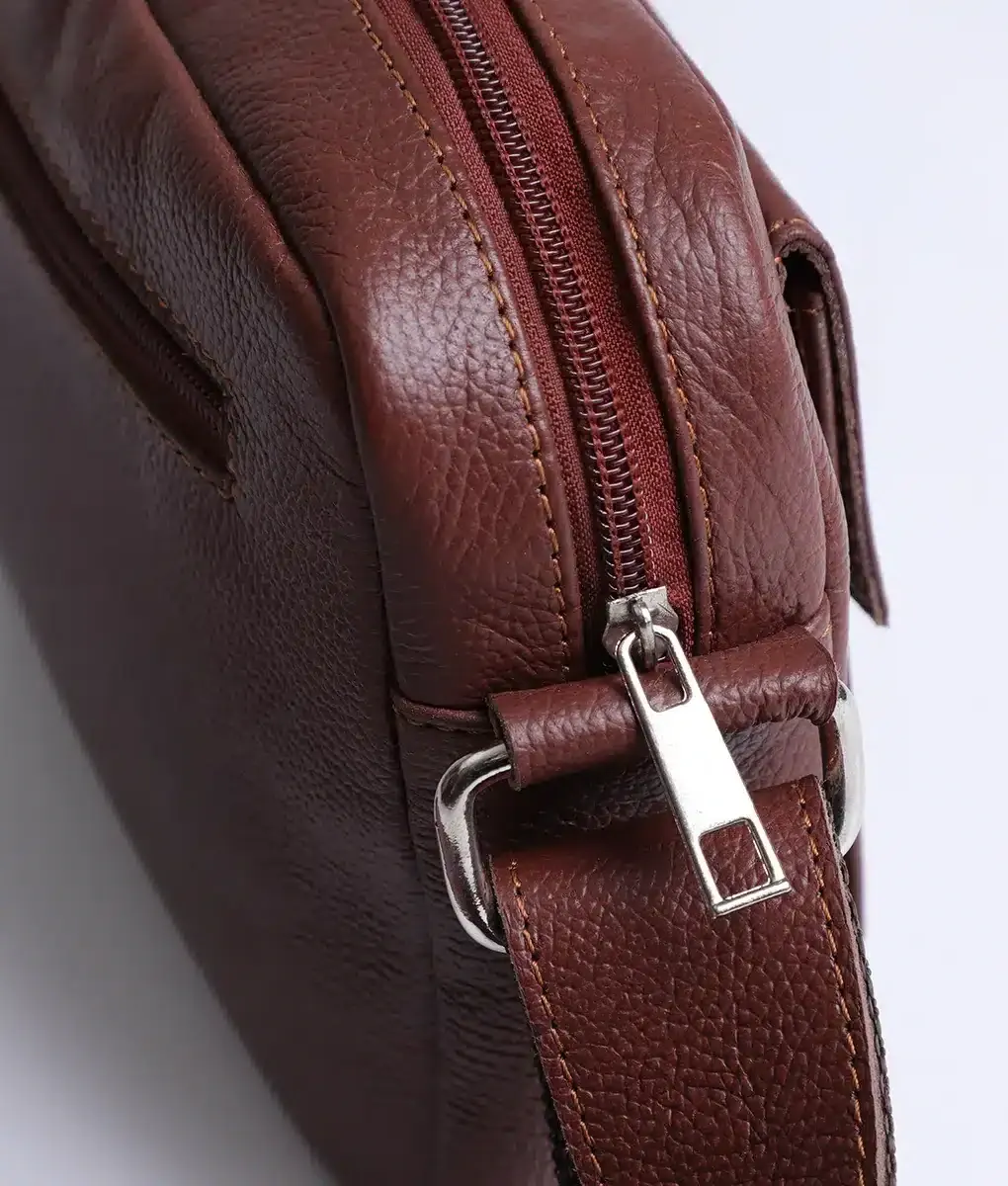 Alex Men's Brown Leather Crossbody Travel Bag - Side Closeup