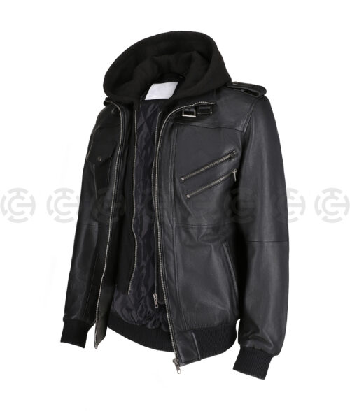Killian Kamari Hooded Black Bomber Leather Jacket - Clearance Item - Side
