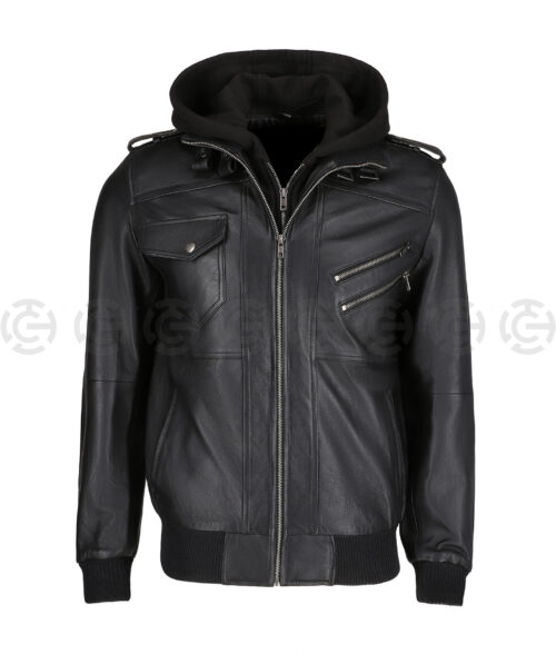 Killian Kamari Hooded Black Bomber Leather Jacket - Clearance Item - Front