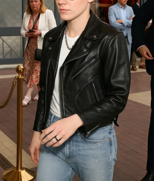 Kristen Stewart Black Biker Jacket - Kristen Stewart Black Leather Biker Jacket - Front