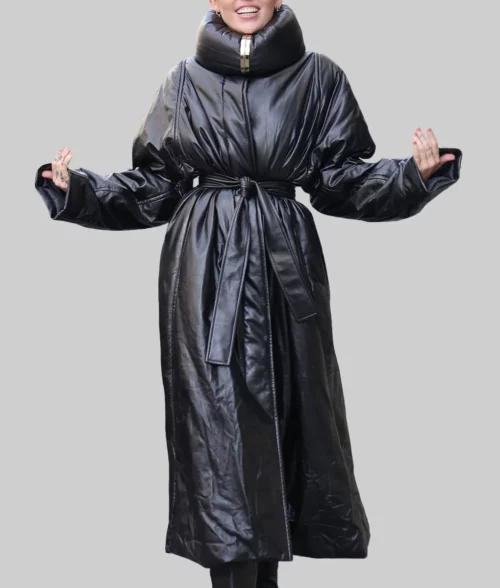 Miley Cyrus Black Leather Trench Coat - Miley Cyrus Black Leather Trench Coat - Front1