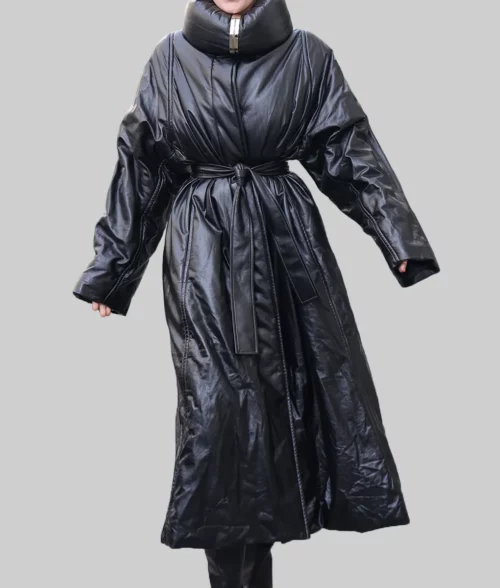 Miley Cyrus Black Leather Trench Coat - Miley Cyrus Black Leather Trench Coat - Front