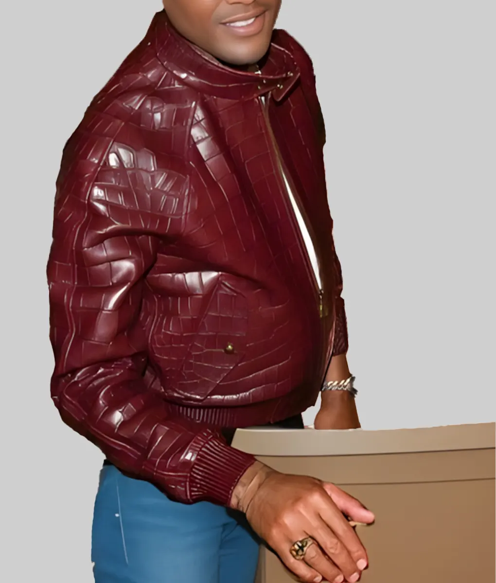 Pharrell Williams Crocodile Pattern Maroon Leather Jacket - Side