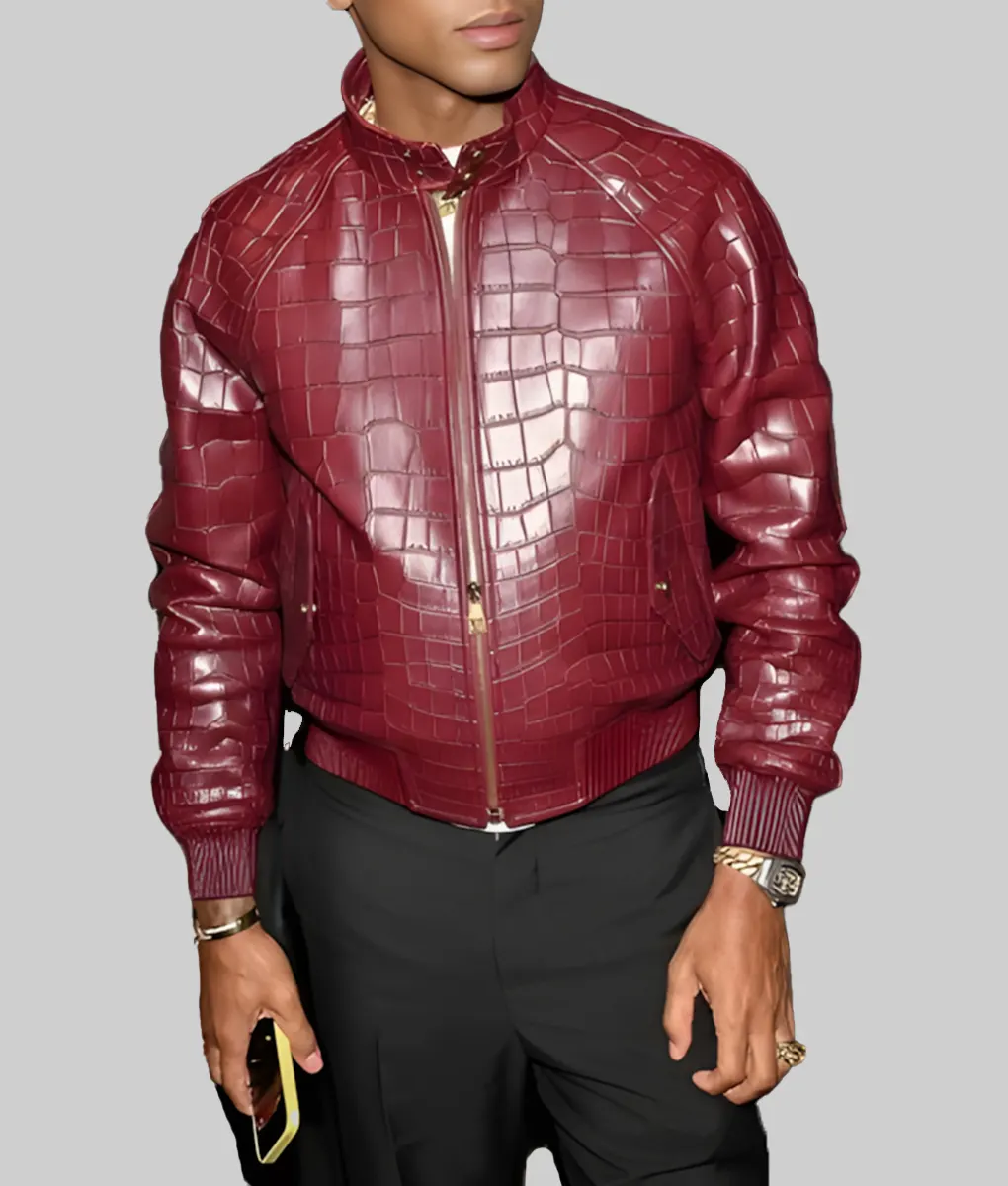 Pharrell Williams Crocodile Pattern Maroon Leather Jacket - Front