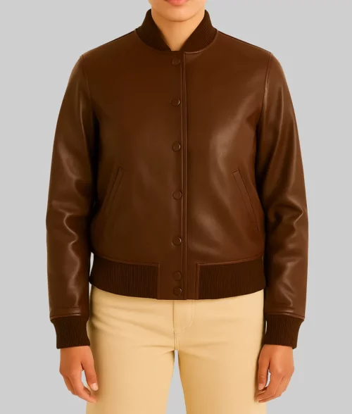 Alaia Azrael Women's Brown Leather Bomber Jacket - Front