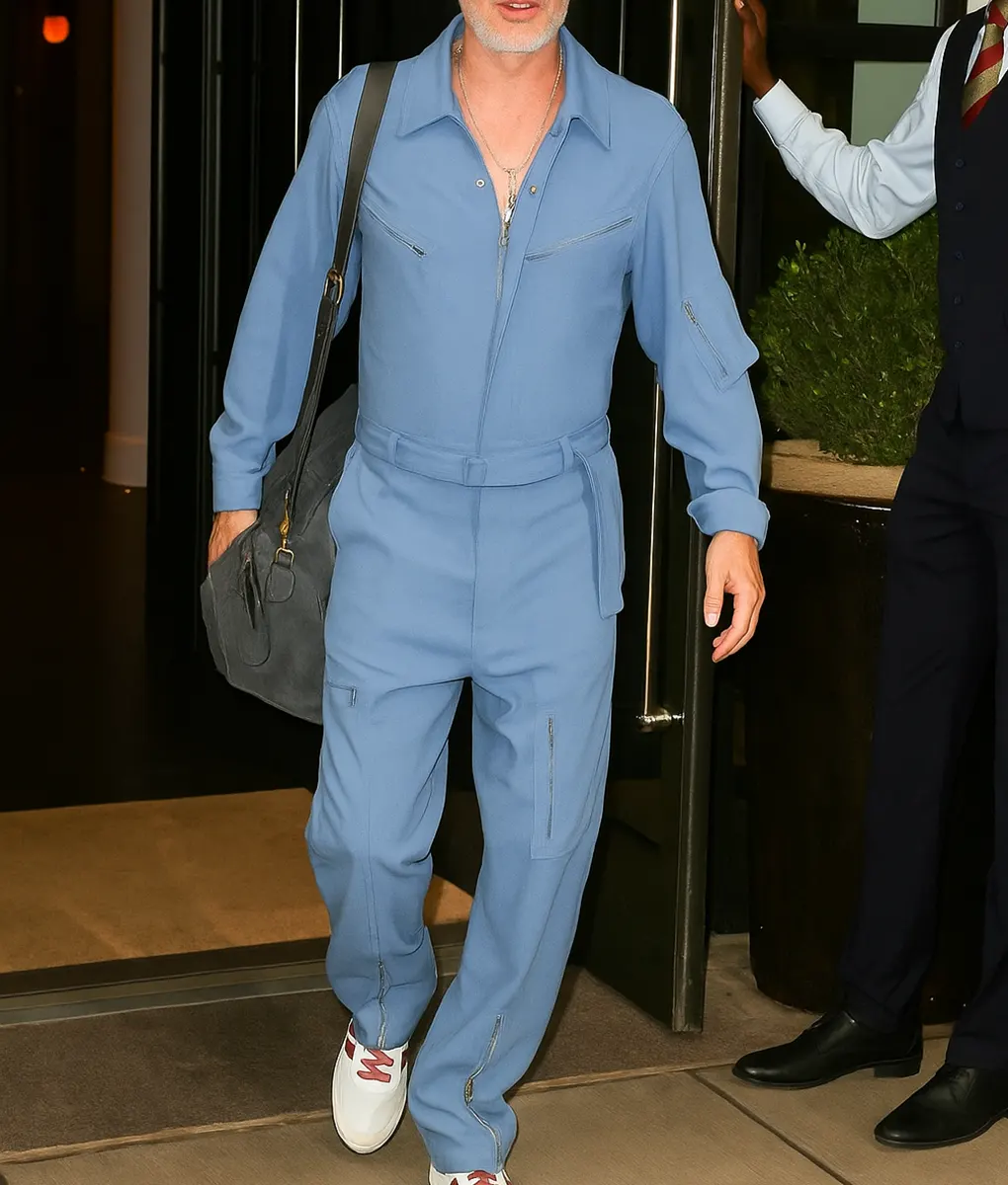 Brad Pitt Cotton Blue Jumpsuit - Front