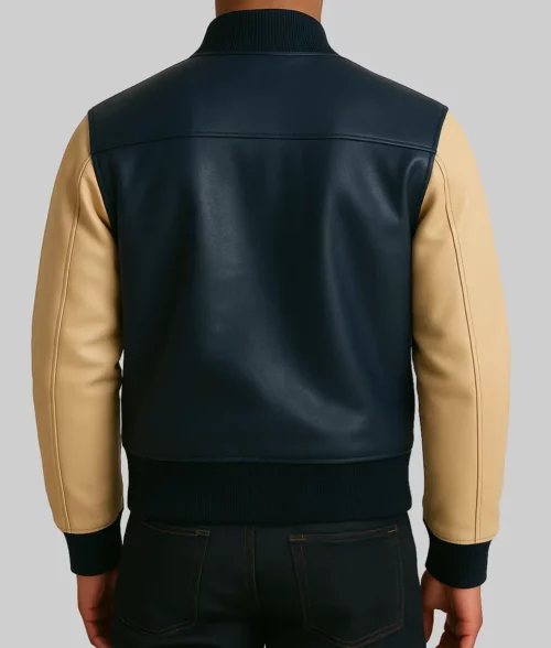 Flynn Chandler Men's Blue & Beige Leather Bomber Jacket - Back