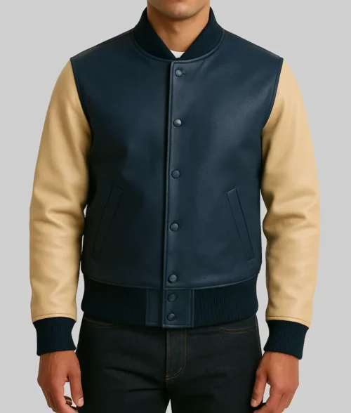 Flynn Chandler Men's Blue & Beige Leather Bomber Jacket - Front