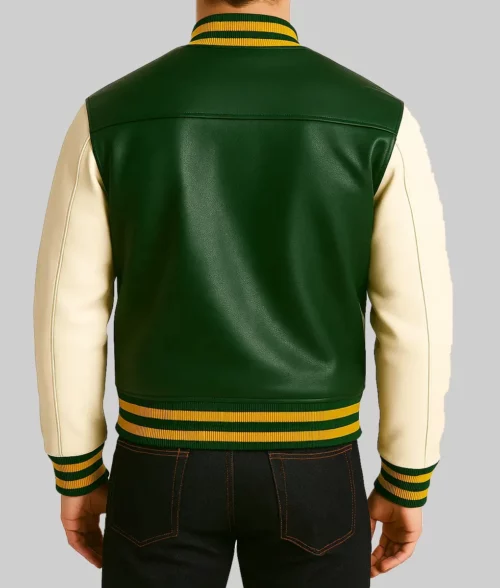 Idris Zamir Men’s Green & Off White Leather Bomber Jacket - Back View