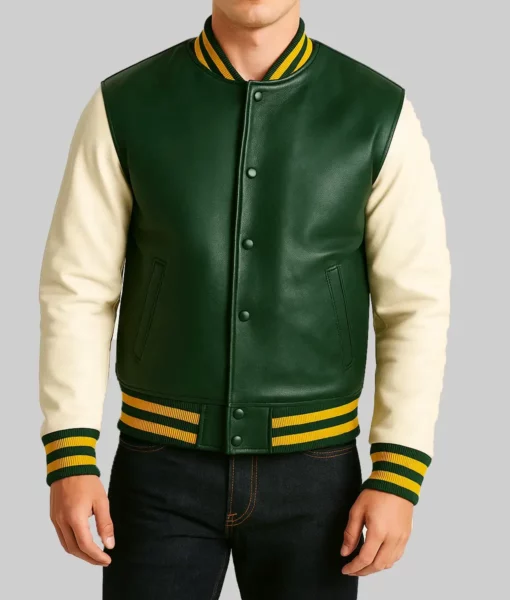 Idris Zamir Men's Green & Off White Leather Bomber Jacket | TLC