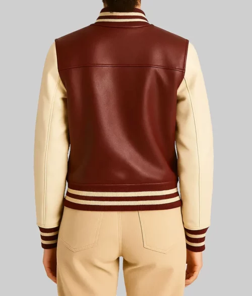 Juniper France Women's Maroon & Beige Leather Bomber Jacket - Front Back View
