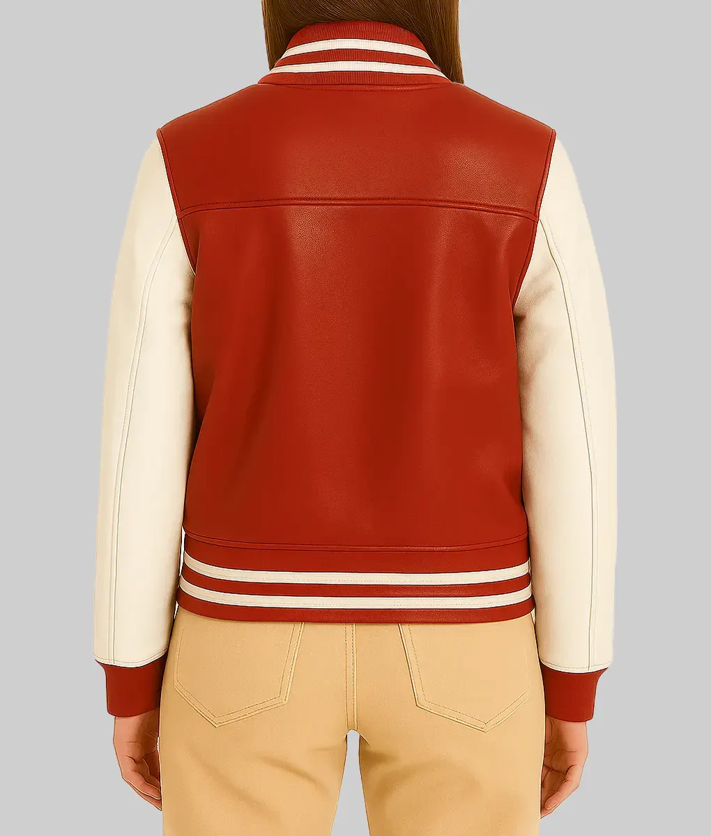 Raelynn Flynn Women&rsquo;s Red & White Leather Bomber Jacket - Back View