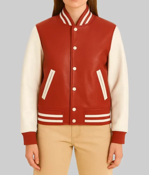 Raelynn Flynn Women’s Red & White Leather Bomber Jacket - Front View