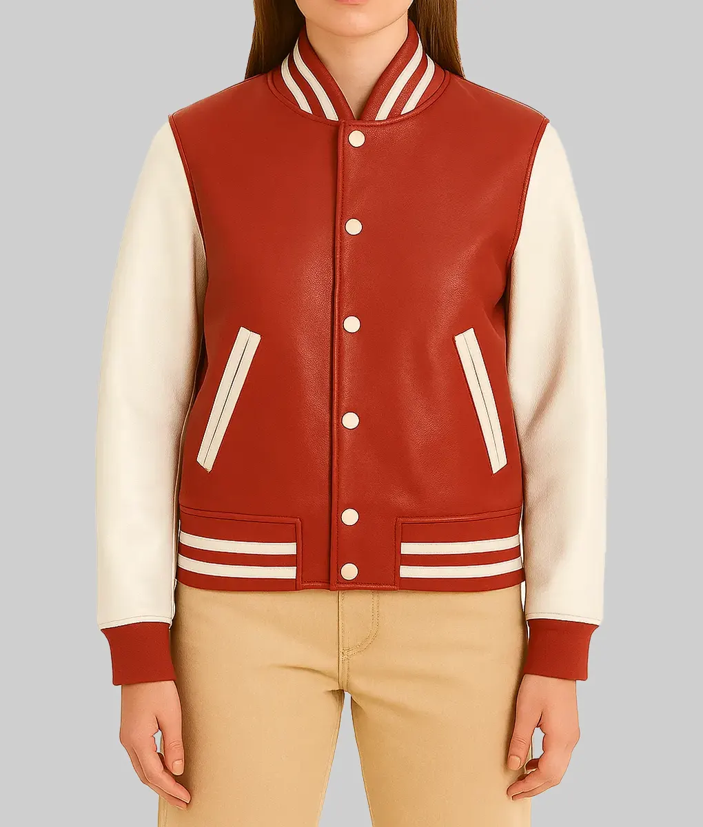 Raelynn Flynn Women&rsquo;s Red & White Leather Bomber Jacket - Front View