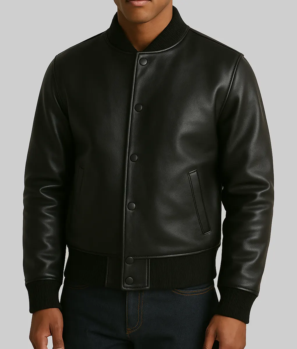 Tomas Azrael Men's Black Leather Bomber Jacket - Front