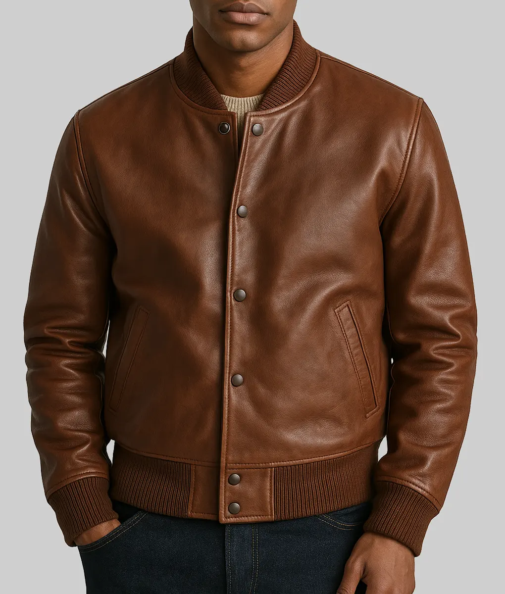 Tomas Azrael Men's Brown Leather Bomber Jacket - Front