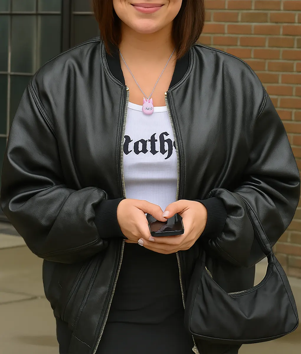 Addison Rae Black Leather Oversized Bomber Jacket - Front