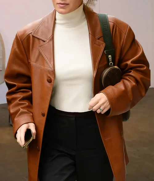 Bella Hadid Brown Leather Coat - Front