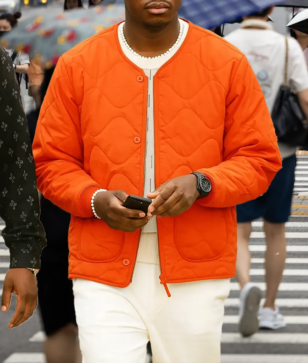 Damson Idris Orange Quilted puffer Jacket - Front
